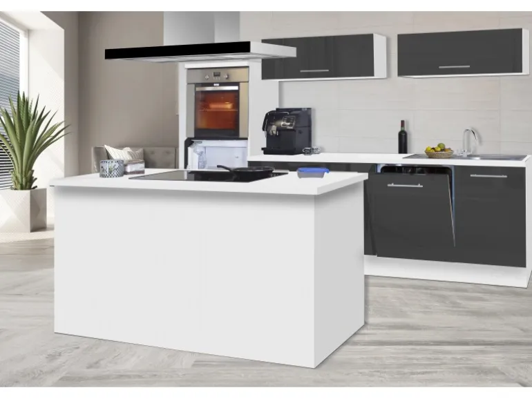 Respekta Premium Inselküche 280 cm Grau Hochglanz-Weiß