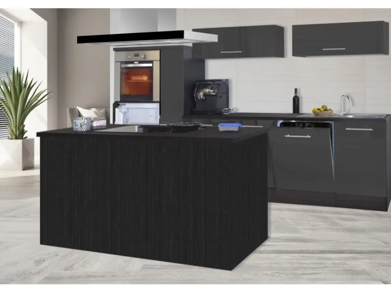 Respekta Premium Inselküche 310 cm Grau Hochglanz-Eiche Grau