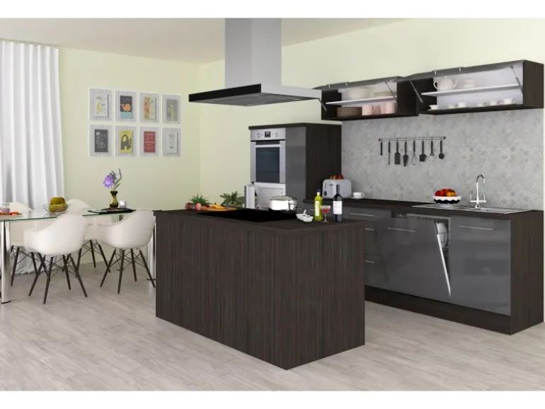 Respekta Premium Inselküche 310 cm Grau Hochglanz-Eiche Grau