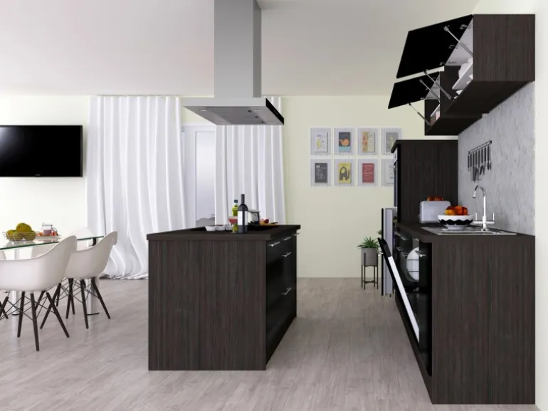 Respekta Premium Inselküche 310 cm Schwarz Hochglanz-Eiche Grau