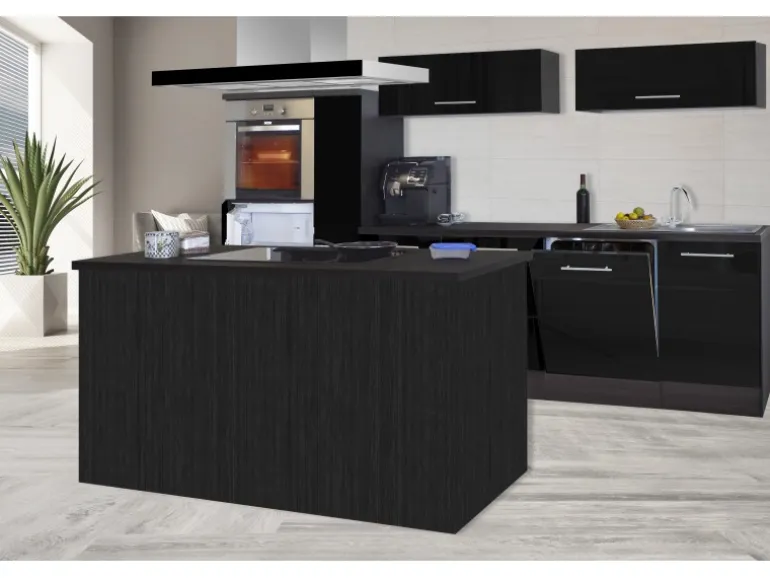 Respekta Premium Inselküche 310 cm Schwarz Hochglanz-Eiche Grau