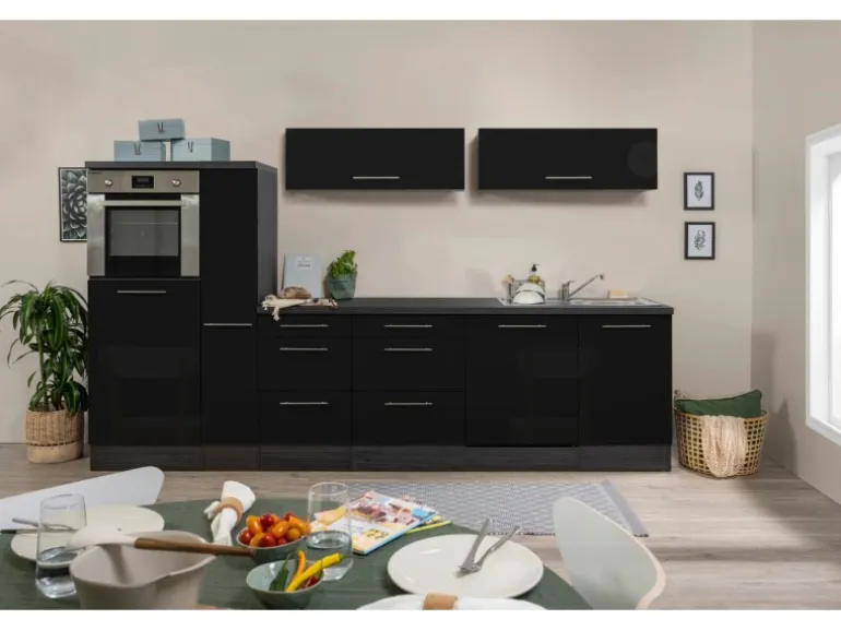 Respekta Premium Inselküche 310 cm Schwarz Hochglanz-Eiche Grau