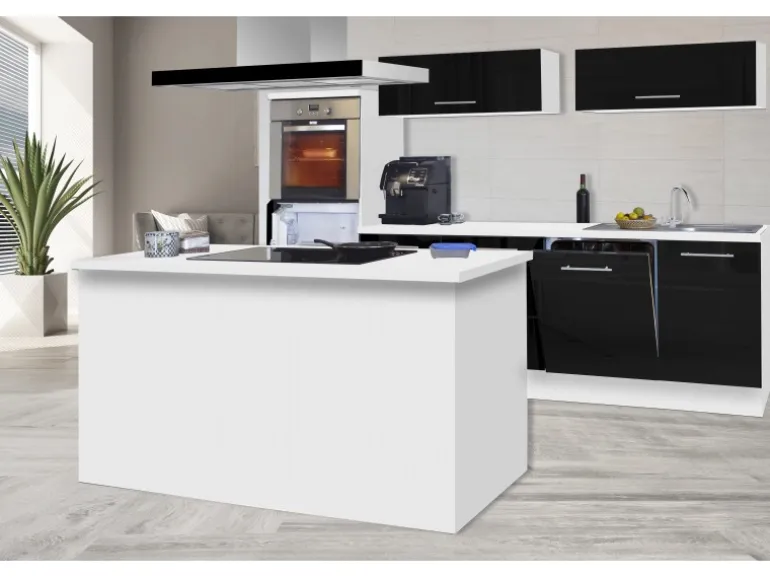 Respekta Premium Inselküche 280 cm Schwarz Hochglanz-Weiß