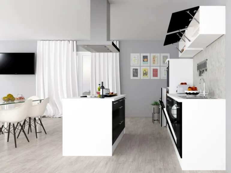 Respekta Premium Inselküche 280 cm Schwarz Hochglanz-Weiß