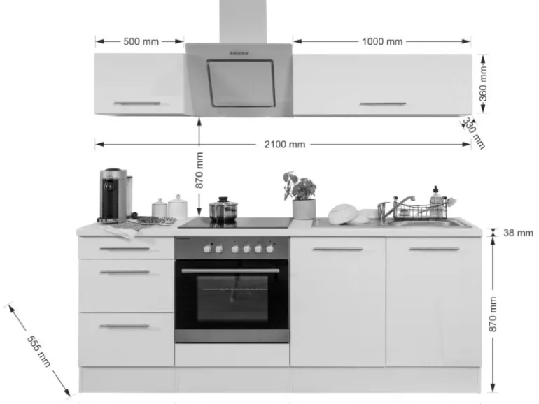 Respekta Premium Küchenzeile 210 cm Weiß Hochglanz-Eiche Grau mit 60 l Ofen