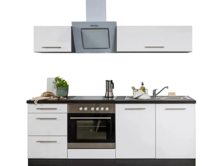 Respekta Premium Küchenzeile 210 cm Weiß Hochglanz-Eiche Grau mit 60 l Ofen