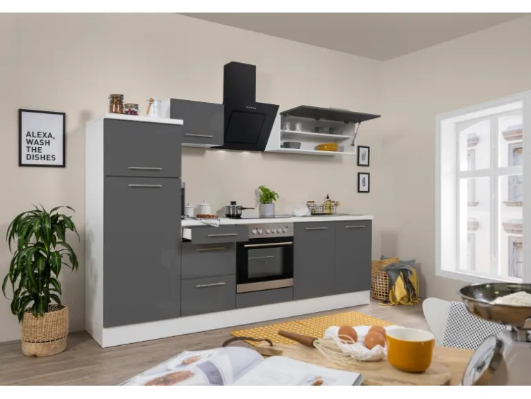 Respekta Premium Küchenzeile 270 cm Grau Hochglanz-Weiß