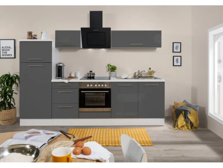 Respekta Premium Küchenzeile 270 cm Grau Hochglanz-Weiß