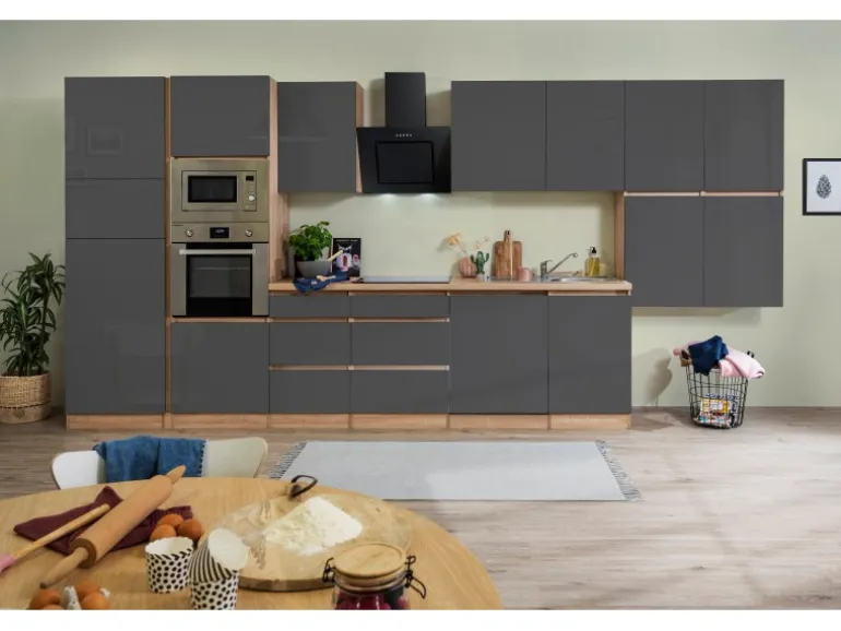 Respekta Premium Küchenzeile Grifflos 445 cm Grau Hochglanz-Eiche Sägerau
