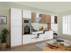 Respekta Premium Küchenzeile GLRP445HESWGKEOES Grifflos 445 cm Weiß Eiche NB