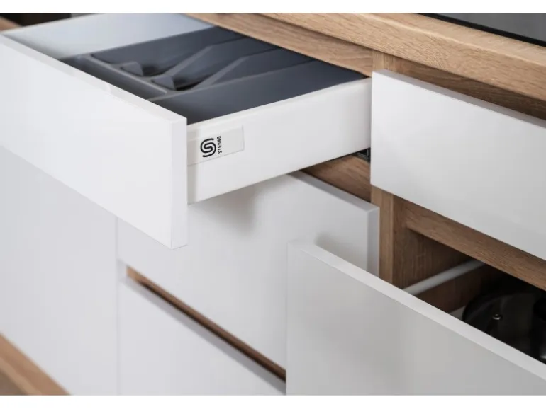 Respekta Premium Küchenzeile Grifflos 435 cm Weiß Hochglanz-Eiche Sägerau
