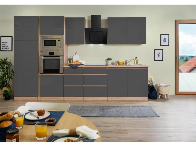 Respekta Premium Küchenzeile Grifflos 335 cm Grau Hochglanz-Eiche Sägerau