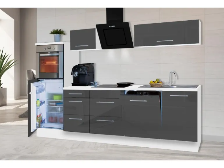 Respekta Premium Küchenzeile 280 cm Hochbau Grau Hochglanz-Weiß