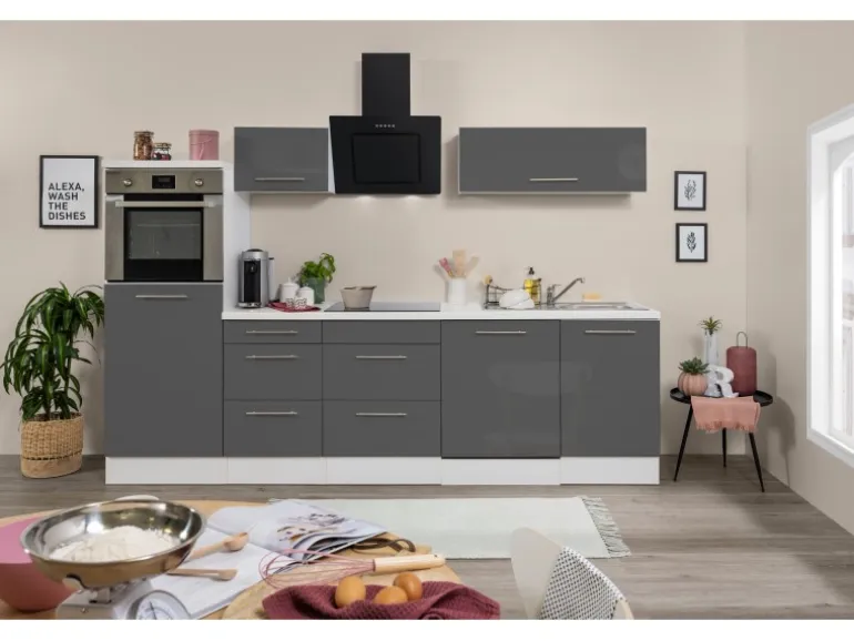 Respekta Premium Küchenzeile 280 cm Hochbau Grau Hochglanz-Weiß