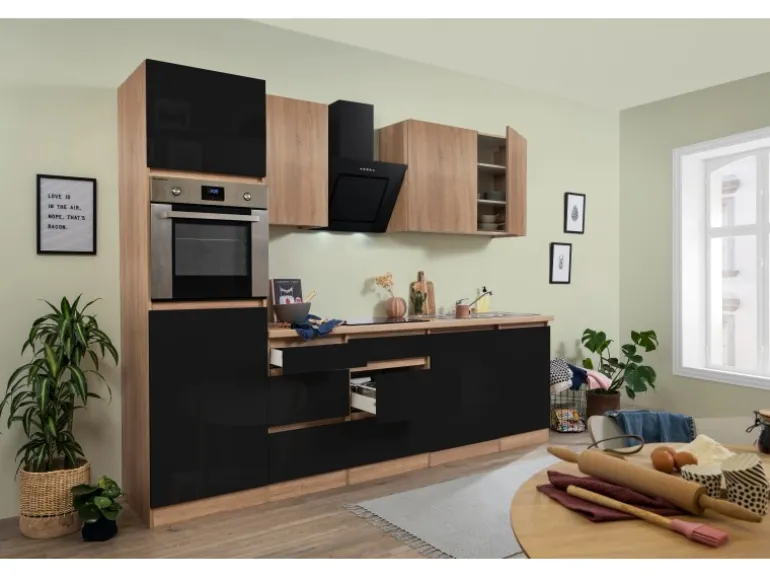 Respekta Premium Küchenzeile GLRP280HESSOES Grifflos 280 cm Schwarz Eiche NB