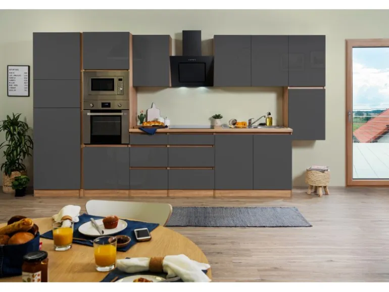 Respekta Premium Küchenzeile Grifflos 385 cm Grau Hochglanz-Eiche Sägerau