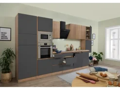 Respekta Premium Küchenzeile GLRP395HESGGKEOES Grifflos 395 cm Grau Eiche NB