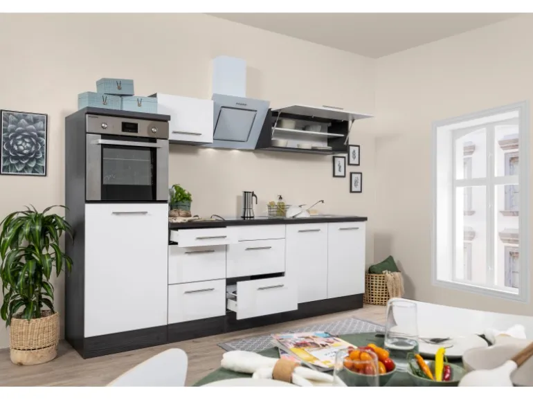 Respekta Premium Küchenzeile 270 cm Hochbau Weiß Hochglanz-Eiche Grau
