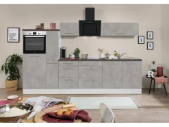 Respekta Premium Küchenzeile Amanda 300 cm  Beton-Optik-Weiß