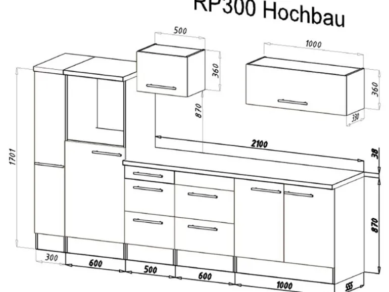 Respekta Premium Küchenzeile Amanda 300 cm Beton-Optik-Weiß
