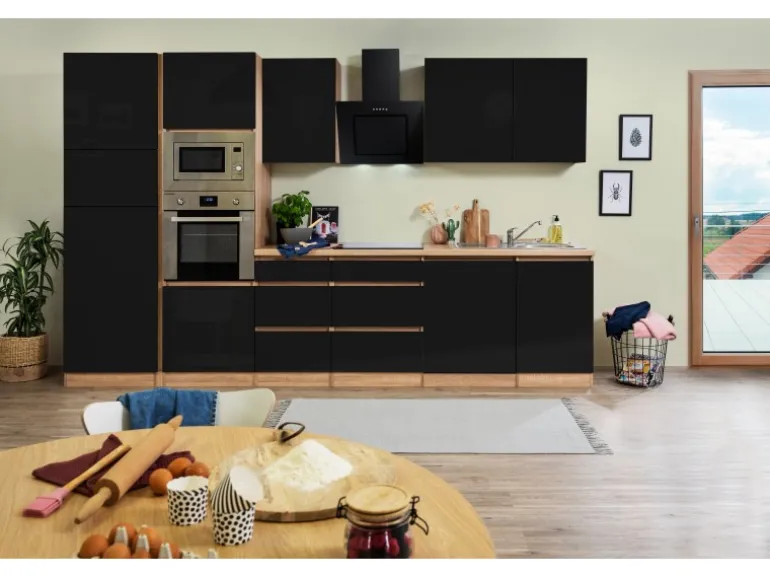 Respekta Premium Küchenzeile Grifflos 345 cm Schwarz Hochglanz-Eiche Sägerau