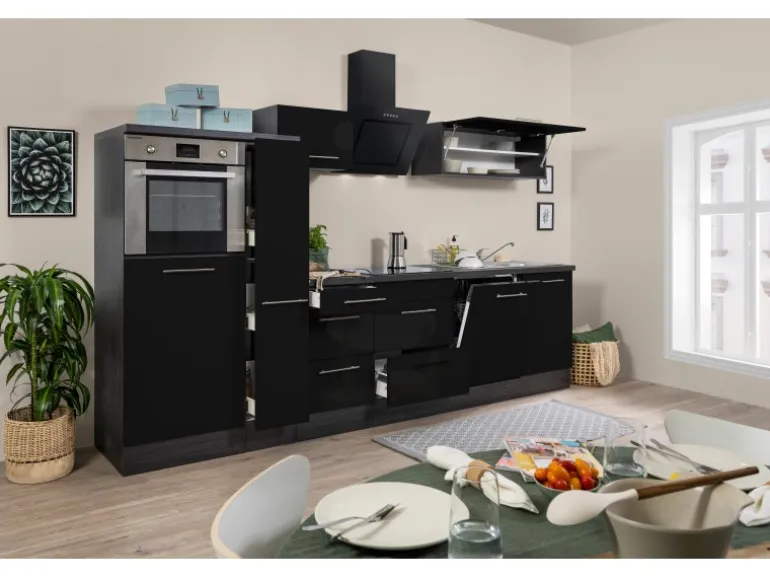 Respekta Premium Küchenzeile 310 cm Hochbau Schwarz Hochglanz-Eiche Grau