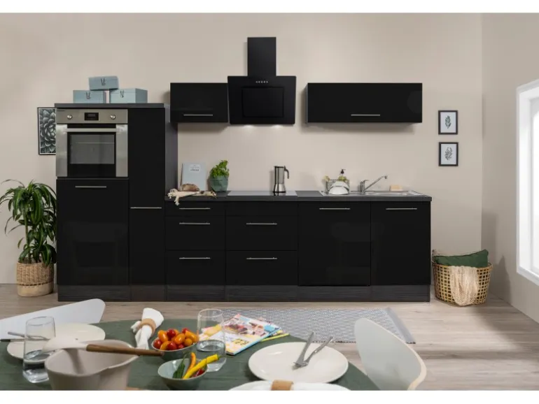 Respekta Premium Küchenzeile 310 cm Hochbau Schwarz Hochglanz-Eiche Grau