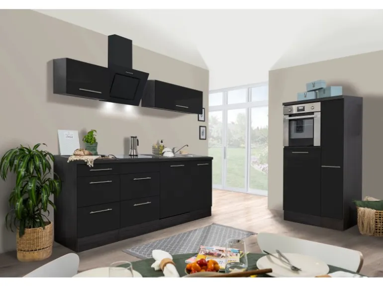Respekta Premium Küchenzeile 310 cm Hochbau Schwarz Hochglanz-Eiche Grau
