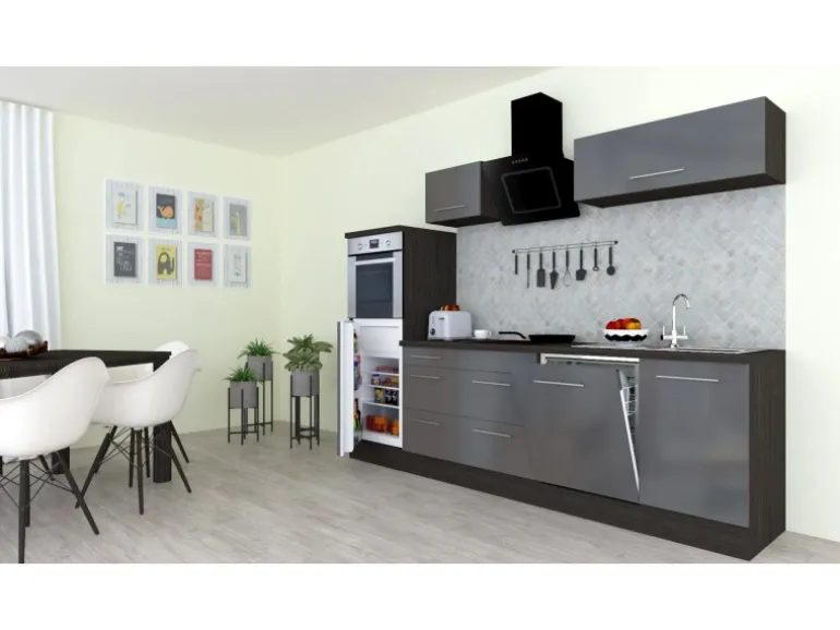 Respekta Premium Küchenzeile 280 cm Hochbau Grau Hochglanz-Eiche Grau