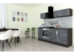 Respekta Premium Küchenzeile 220 cm Grau Hochglanz-Eiche Grau