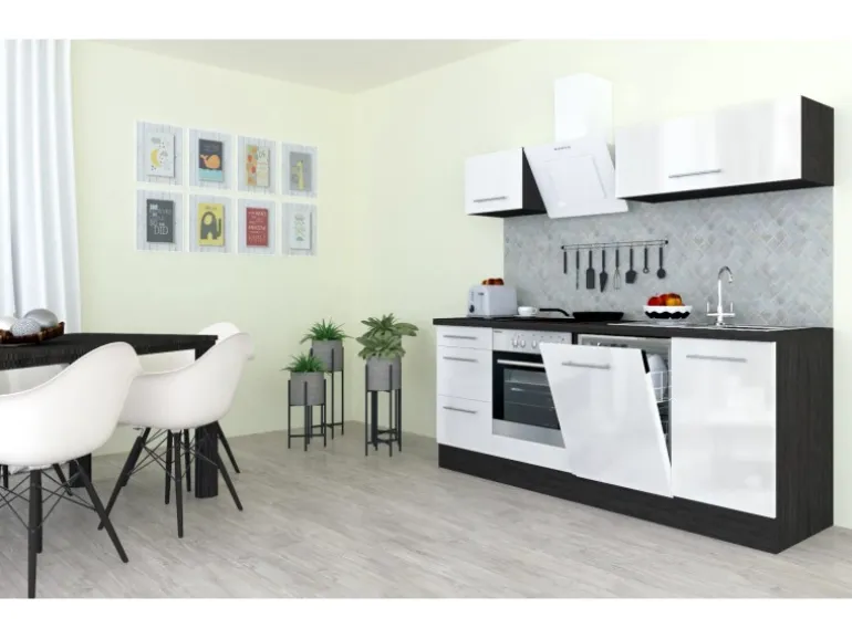 Respekta Premium Küchenzeile 220 cm Weiß Hochglanz-Eiche Grau