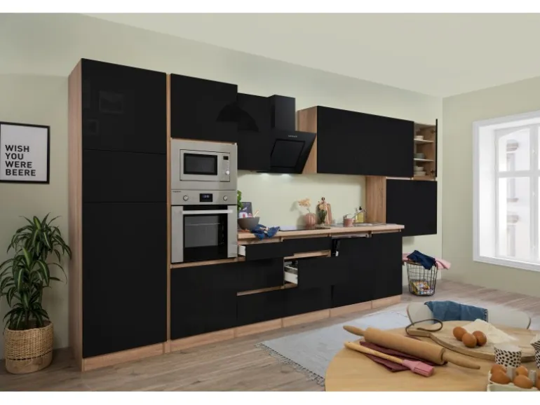 Respekta Premium Küchenzeile Grifflos 445 cm Schwarz Hochglanz-Eiche Sägerau