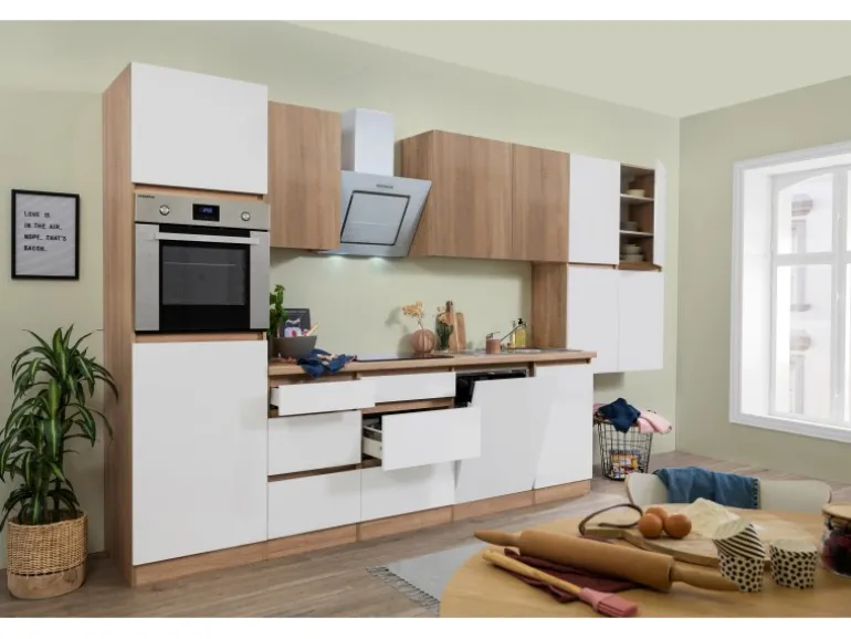 Respekta Premium Küchenzeile GLRP380HESWOES Grifflos 380 cm Weiß Eiche Säger. NB