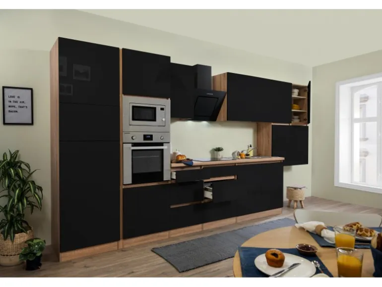 Respekta Premium Küchenzeile Grifflos 435 cm Schwarz Hochglanz-Eiche Sägerau