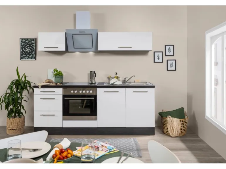 Respekta Premium Küchenzeile 210 cm Weiß Hochglanz-Eiche Grau mit 54 l Ofen
