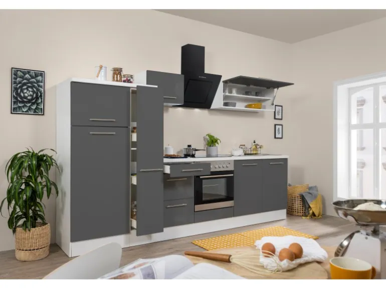 Respekta Premium Küchenzeile 300 cm Grau Hochglanz-Weiß