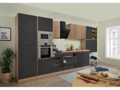 Respekta Premium Küchenzeile GLRP445HESGGKEOES Grifflos 445 cm Grau Eiche NB