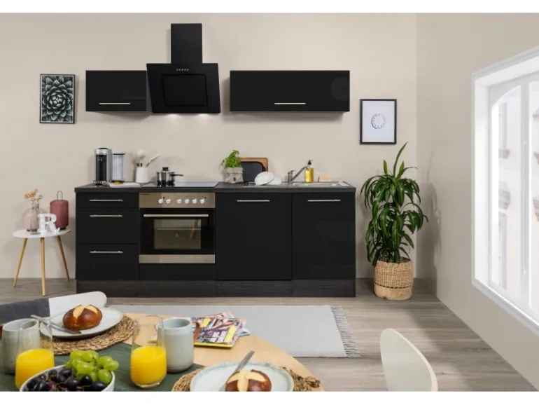 Respekta Premium Küchenzeile 220 cm Schwarz Hochglanz-Eiche Grau