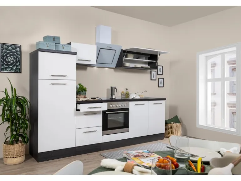 Respekta Premium Küchenzeile 270 cm Weiß Hochglanz-Eiche Grau