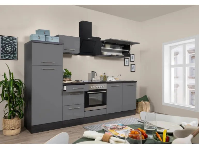 Respekta Premium Küchenzeile 270 cm Grau Hochglanz-Eiche Grau
