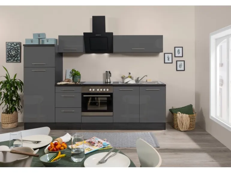 Respekta Premium Küchenzeile 270 cm Grau Hochglanz-Eiche Grau