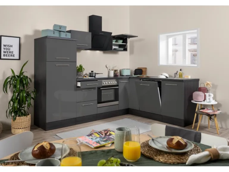 Respekta Premium Winkelküche 260 x 200 cm Grau Hochglanz-Eiche Grau