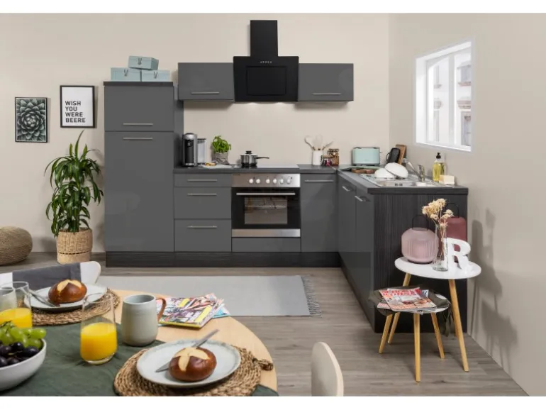 Respekta Premium Winkelküche 260 x 200 cm Grau Hochglanz-Eiche Grau