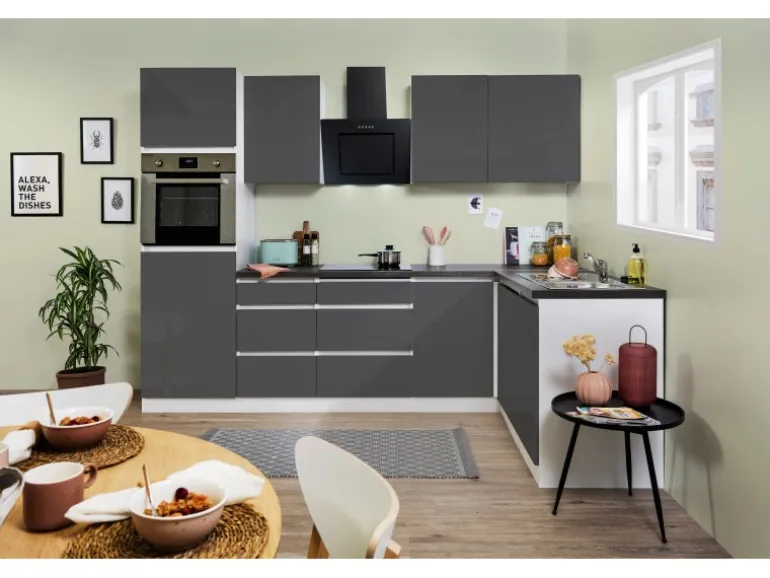 Respekta Premium Winkelküche Grifflos 280 cm Grau Hochglanz-Weiß