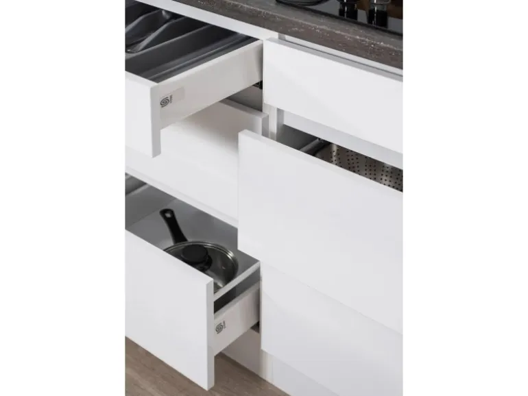 Respekta Premium Winkelküche Grifflos 280 cm Grau Hochglanz-Weiß