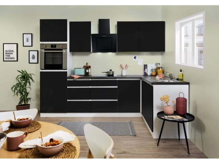 Respekta Premium Winkelküche Grifflos 280 cm Schwarz Hochglanz-Weiß