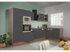 Respekta Winkelküche 340 cm Grau Seidenglanz-Eiche York Nachbildung