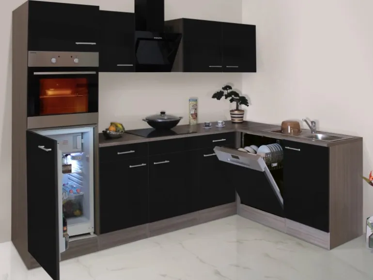Respekta Winkelküche 280 cm Schwarz Seidenglanz-Eiche York Nachbildung