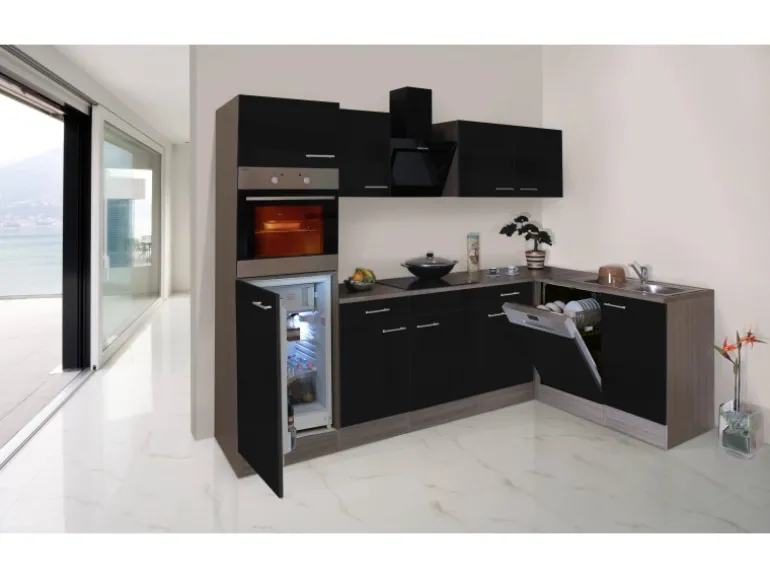 Respekta Winkelküche 280 cm Schwarz Seidenglanz-Eiche York Nachbildung