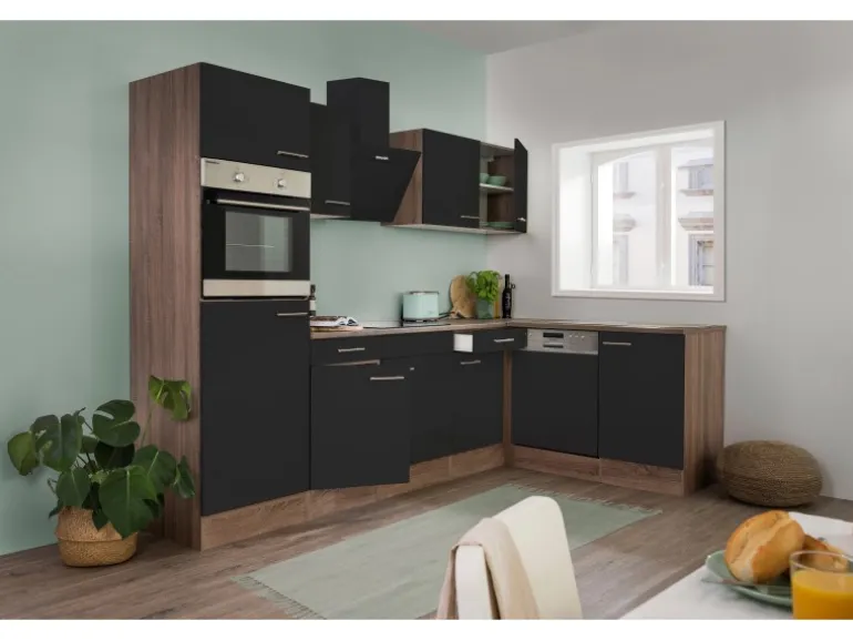 Respekta Winkelküche 280 cm Schwarz Seidenglanz-Eiche York Nachbildung